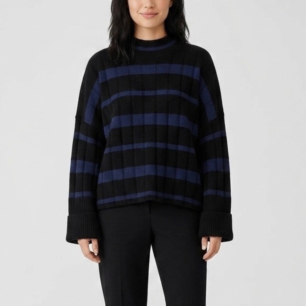 NEW Madewell Ribbed Cashmere Wool Blend Navy Black Striped Mock Neck Sweater XL